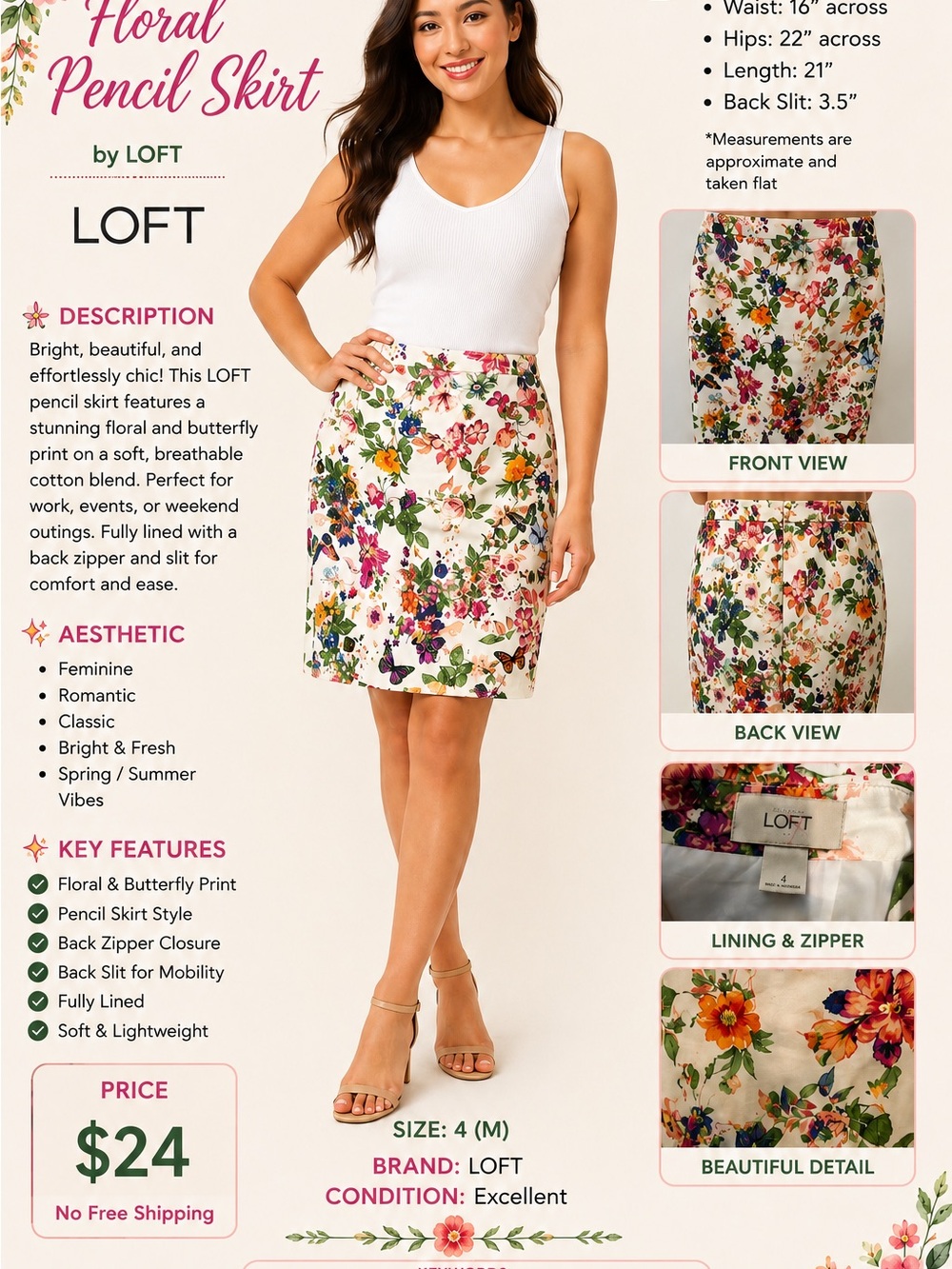 LOFT White Floral Pencil Skirt with Multicolor Blooms